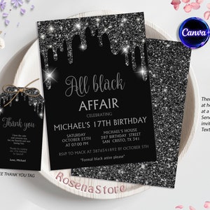 All Black Party Invitation, All Black Affair Invitation, Agate Birthday Invite, Editable Print at Home, Digital Invite