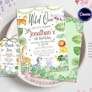Safari Invitation, Safari Birthday Invitation, Wild One Birthday Invittaion, Safari Wild One Party Invite, Instant Download, Digital Canva