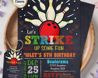 Bowling Birthday Invitation, Bowling Party Invitations, Kids Party Bowl ANY Age, Let's Strike Up Some Fun, Editable Canva Template