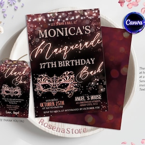 Masquerade Birthday Party Invitation, Quinceanera Birthday Party, BLACK and GOLD, Digital File, Editable, Instant Download