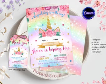 Unicorn Birthday Invitation, Unicorn Party Birthday Invitation, Pink Purple Gold Floral Unicorn Girl Birthday Invite, Digital Editable