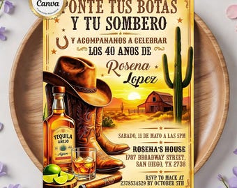 Invitación de cumpleaños de vaquero mexicano español, invitación a fiesta de vaquero occidental, invitación para adultos, cumpleaños de hombre, plantilla Canva editable