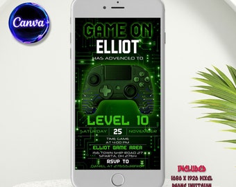 Invitación electrónica a videojuegos, invitación a fiesta de cumpleaños de videojuegos, invitación de cumpleaños de jugador, descarga instantánea de videojuegos, editable