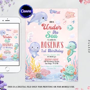 Oneder the Sea Birthday Invitation, Ocean Animals Birthday Party Invitation, 1st Birthday Invitation, Editable Canva Template
