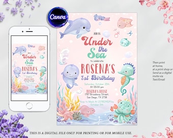 Ocean Animals 1st Birthday Invitation: Under the Sea Canva Template (Digital)