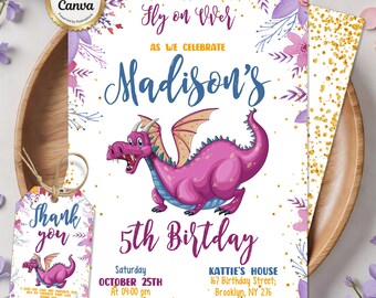 Purple Dragon Invitation, Girl Dragon Birthday Party Invitation, Dragon Invitation, Dragon Birthday Party, Any Age, Instant Download