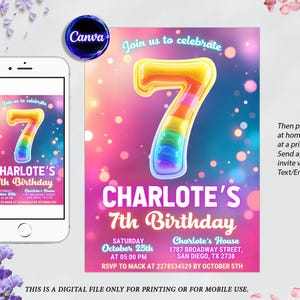 7th Birthday Invitation Template, Rainbow Foil Girl Invitation, Glitter Birthday Party, Pink Birthday Girl Invitation, Editable Printable