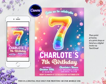 Rainbow Foil 7th Birthday Invitation: Glitter Party (Editable Printable)