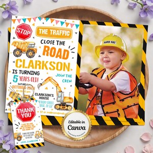 May include: Construction-themed birthday party invitation set. The invitation features a child in a construction vest and hard hat, along with a matching thank you tag. The invitation includes the text "Clarkson is turning 5 years old!" and "Close the road".