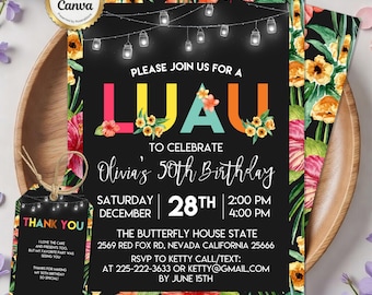 Editable Luau Invitation, Luau Birthday Invitation, Luau Party Invitations, Hawaiian Luau Party, Instant Access, Edit NOW in Canva