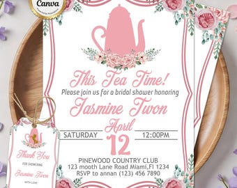 Tea Party Bridal Shower Invitation, Bridal Tea Shower Invite, Bridal Brunch, Vintage Theme Pink, Printable Editable Canva Template