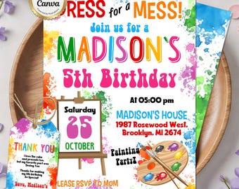 Invitación a fiesta de cumpleaños con pintura, invitación a fiesta de arte, salpicadura de acuarela, vestido para una celebración desordenada, plantilla editable de Canva