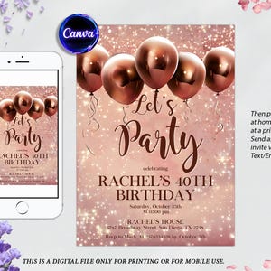 Editable Rose Gold Birthday Invitation, Glitter Balloons Birthday Invitation, Let's Party Rose Gold Balloons Invite, Instant Download