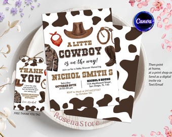 Editable Cowboy Baby Shower Invitation, A Little Cowboy is on the Way Invite, Rodeo Baby Invitation, Wild West Western, Digital Canva