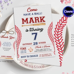 Faire-part d'anniversaire de baseball, invitation de fête de baseball, recrue de l'année, sport, jeu de balle cogneur, modifiable sur Canva