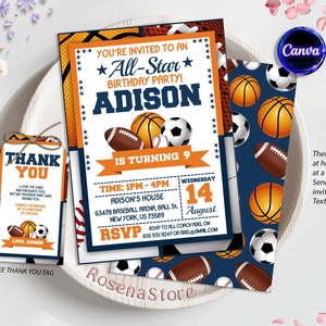 Editable Spors Birthday Invitation, Sports Invitation, All Star Party Invite, All Star Sport Invite, Basketball, Football, Baseball Invite