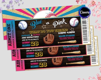 Baseball Gender Reveal Ticket Einladung, Baby Shower Party Einladung, Baseball Ticket druckbar, bearbeitbar in Canva