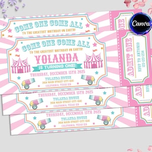 Karneval Ticket Geburtstagseinladung, Zirkus-Geburtstagsfeier, Mädchen-Einladung, rosa Karneval-Eintrittskarten, bearbeitbar in Canva