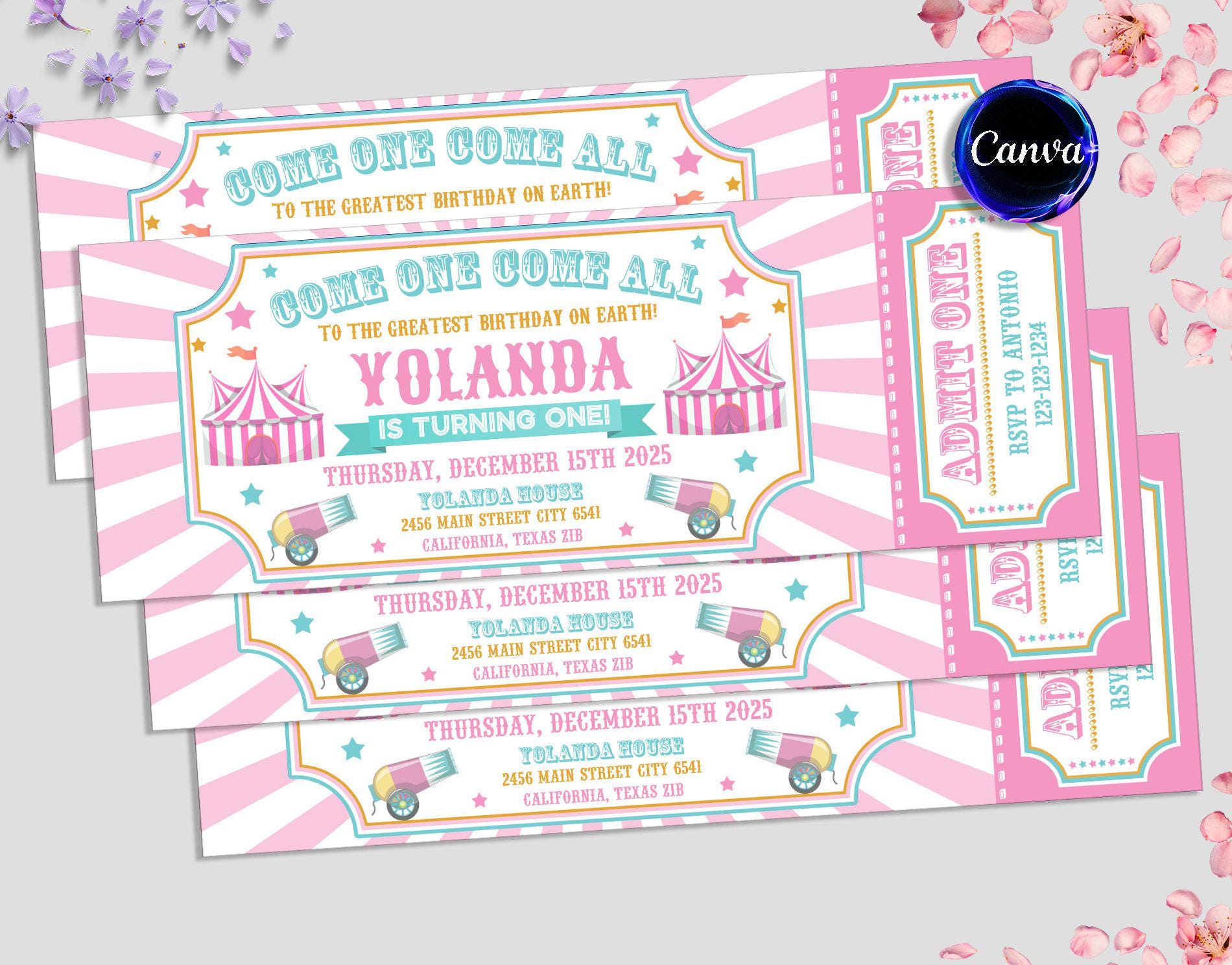 Carnival Ticket Birthday Invitation, Circus Birthday Party, Girl Invitation, Pink Carnival Ticket Invitation, Editable in Canva