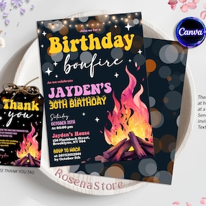 Puede incluir: Una invitación de cumpleaños negra y rosa con una ilustración de una fogata. La invitación dice "Únete a nosotros para una fogata de cumpleaños para celebrar el cumpleaños número 30 de Jayden".