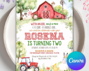 Farm Birthday Invitation, Barnyard Birthday Party Invite, Farm Animals Invitation, Instant Download, Editable Canva Template