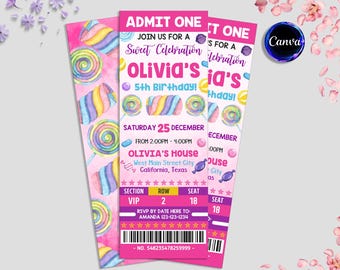 Candy Land Ticket Invitation, Candy Land Invites, Candyland Birthday Party Invitation, Candies Invitations, Digital Editable Printable