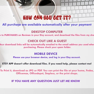May include: Text on a white background explaining how to download digital files after purchase from Etsy. The text includes instructions for desktop computers, mobile devices, and the Etsy app. It also mentions printing options.