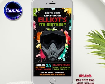 Invitación electrónica de paintball, invitación a fiesta de cumpleaños de paintball, invitación a paintball, acceso instantáneo, editar ahora con Canva