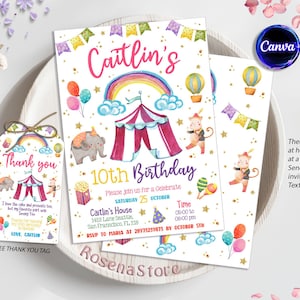 Bewerkbare carnaval uitnodiging, carnaval verjaardagsuitnodiging, carnaval sjabloon downloaden, carnaval circus dank u tag, digitaal bestand
