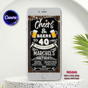 Puede incluir: Una invitaci&oacute;n digital para tel&eacute;fono con un fondo de madera r&uacute;stica y una superposici&oacute;n de pizarra. El texto dice "Cheers & Beers to 40 years!" con un gr&aacute;fico de jarra de cerveza. La invitaci&oacute;n detalla una fiesta de cumplea&ntilde;os para "Marchel" el 25 de febrero de 17:00 a 19:00 en la casa de Maechel. La invitaci&oacute;n incluye la direcci&oacute;n y la informaci&oacute;n de RSVP. El texto "INCLUDED 1080 X 1920 PIXEL PHONE INVITATION" est&aacute; en la parte inferior.