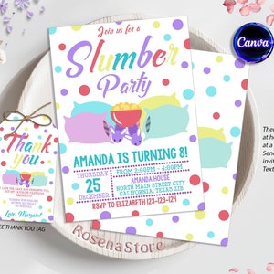 Slumber Birthday Party Invitation, Sleepover Invitation, Sleepover Party Invitation, Girl Slumber Party, Editable with Canva