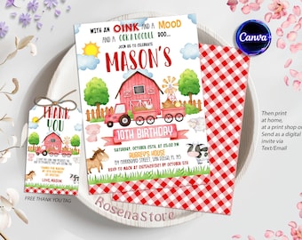 Könnte beinhalten: Ein roter und weißer Gingham-Hintergrund mit einem roten Stall und Farmtieren. Der Text "Mason's 10th Birthday" befindet sich auf einem gelben Banner. Die Einladung enthält Datum, Uhrzeit und Ort der Party. Ein kostenloses Dankeschön-Etikett ist mit einem roten Stall und dem Text "Danke" enthalten.