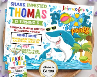 Shark Pool Party Birthday Invitation, Pool Party Invite, Summer Theme, Boy Birthday Party, Editable Canva Template