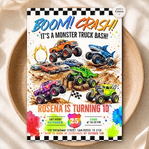 Monster Truck Birthday Invitation, Boom Crash Monster Truck Bash, Truck Party Invite, Any Age, Editable Canva Template