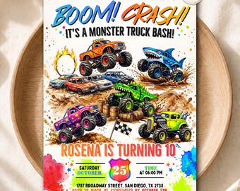 Monster Truck Birthday Invitation, Boom Crash Monster Truck Bash, Truck Party Invite, Any Age, Editable Canva Template