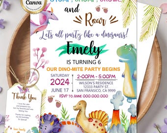 Dinosaur Birthday Party Invitation Card, TRex Birthday Invite, Little Dinosaur Party Invitations, Dino Invite Boy Girl, Stomp Chomp Roar