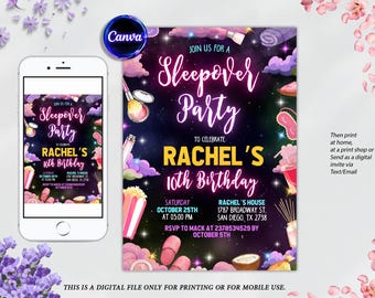 Sleepover Party Birthday Invitation, Slumber Party, Pajama Party, Retro Neon Light, Sleepover Invitation, Editable Canva Template