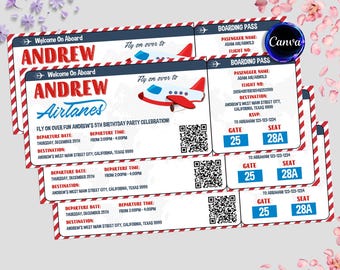 Airplane Ticket Invitation, Plane Birthday Invitation, Boarding Pass, Digital Editable Printable, Instant Download