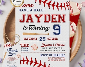 Baseball-Geburtstagseinladung, Jungen-Sportparty-Thema, Rookie des Jahres, Baseball-Einladung, digitaler Download, bearbeitbare Canva-Vorlage