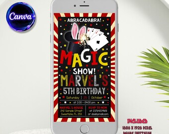 May include: A red, white and black phone invitation for a magic show themed 5th birthday party. The invitation features a cartoon magician's hat with bunny ears and playing cards. The text reads "ABRACADABRA! MAGIC SHOW! MARVEL'S 5TH BIRTHDAY" with details about the party date, time, location, and RSVP information.