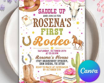 Erste Rodeo Geburtstagseinladung, Mädchen Cowgirl Western Thema, Wild West Party, druckbare digitale Einladung, bearbeitbare Canva Vorlage