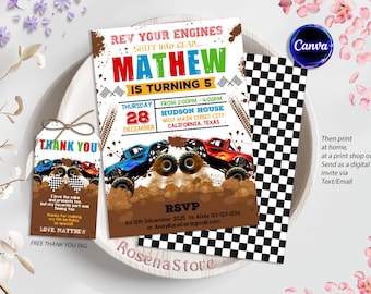 May include: Monster truck birthday party invitation with a checkered background. The invitation features a blue and red monster truck with the text "Rev Your Engines Shift into Gear... Mathew is Turning 5" in colorful letters. The invitation also includes the date, time, and location of the party.