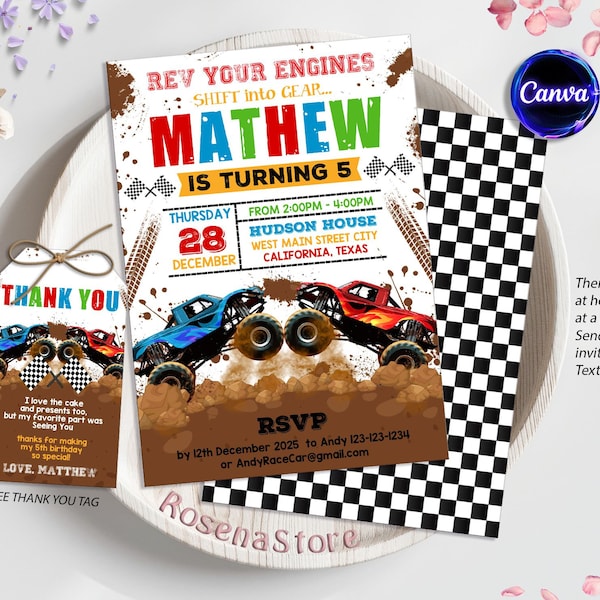 Monster Truck Birthday Invitation Template, Monster Truck Birthday Invitation, Monster Truck thank you tag Printable