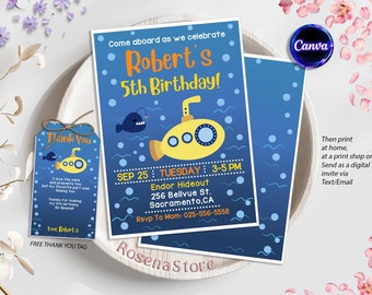 Submarine Birthday Invitation, Under The Sea Invite, Submarine Boy Editable Template, Nautical, Navy, Sea, Ocean Party, Instant Download