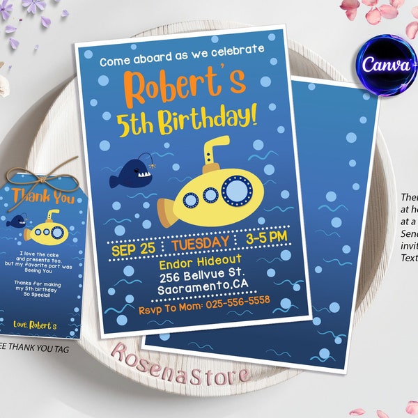 Submarine Birthday Invitation, Under The Sea Invite, Submarine Boy Editable Template, Nautical, Navy, Sea, Ocean Party, Instant Download