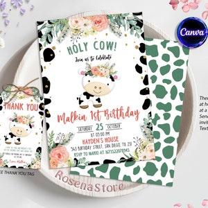 Holy Cow Birthday Invitation Template, Holy Cow Invitation, Editable Holy Cow invitation, Cowgirl Invitation, FREE Cow Thank You Tag