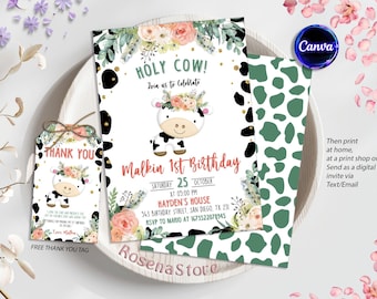 Holy Cow Birthday Invitation Template, Holy Cow Invitation, Editable Holy Cow invitation, Cowgirl Invitation, FREE Cow Thank You Tag