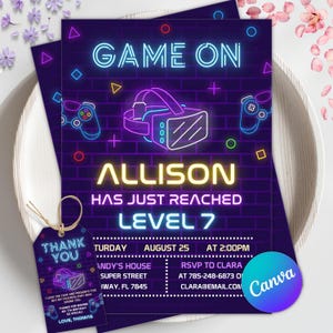 Virtual Reality Birthday Party Invitation, Neon Blue Gaming (Editable Canva Template)