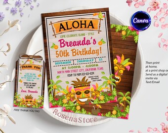 May include: A tropical-themed birthday invitation with a wooden background and colorful tiki masks. The invitation says "Aloha Breanda's 50th Birthday!" and includes details for the event, including the date, time, and location. A matching thank you tag is also included with the text "Thank You! I love the cake and presents too, but my favorite part was seeing you. Thanks for making my 50th birthday so special! Love, Breanda."
