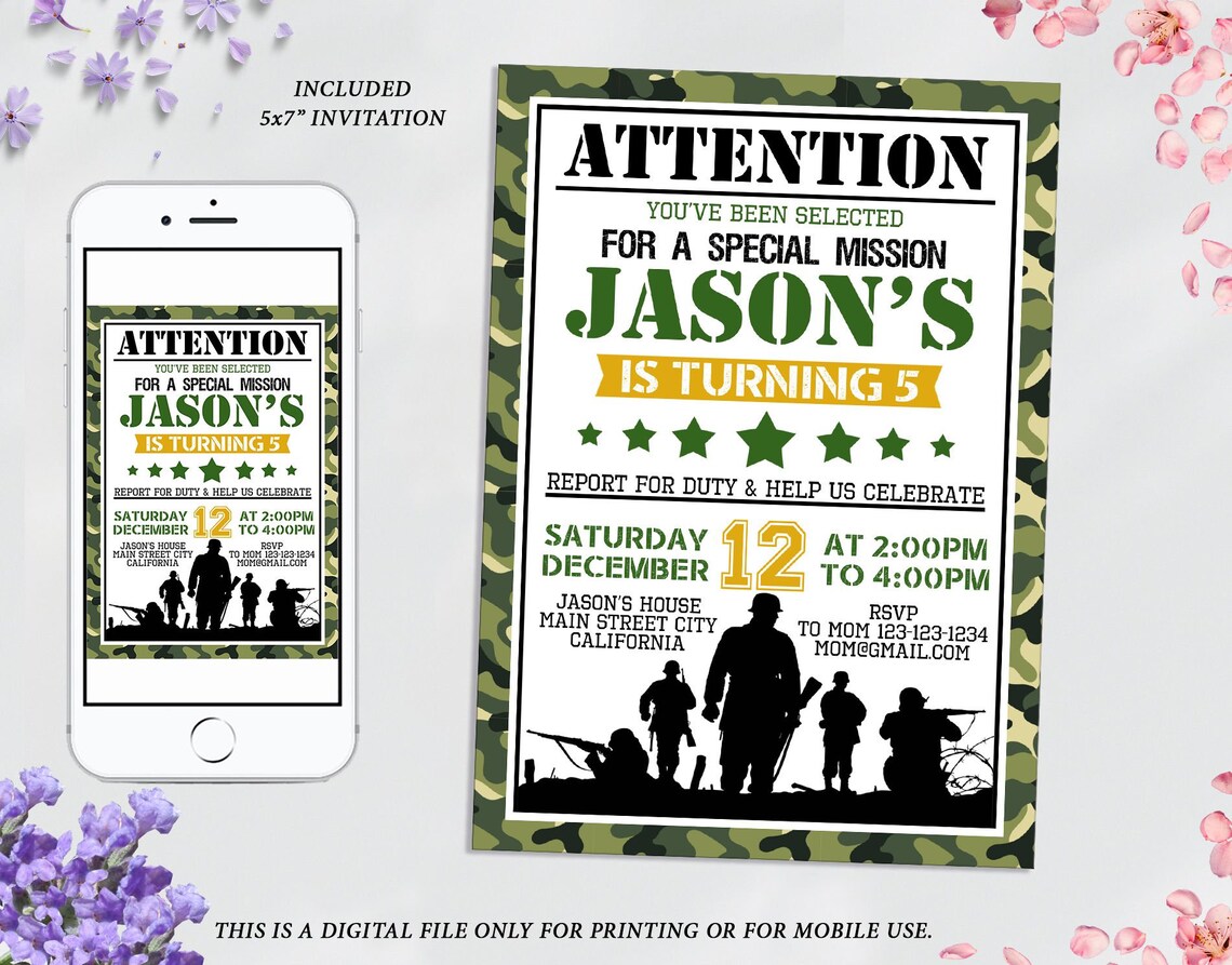 Military Party Invitations, Army Birthday Invitation, Soldier Birthday ...